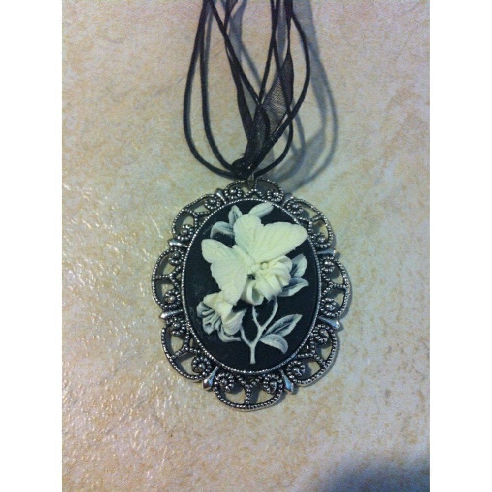 White and Black Butterfly Cameo Silver Necklace